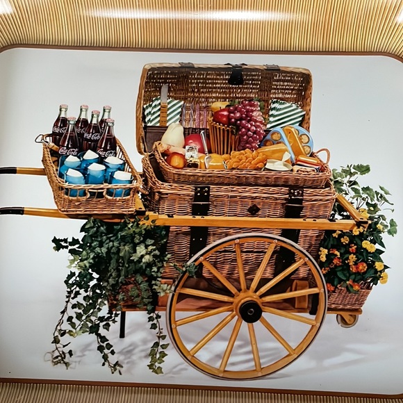 Coca Cola Tin Serving Tray Garden Cart Picnic Basket Coke Collectible Vintage - Picture 4 of 5